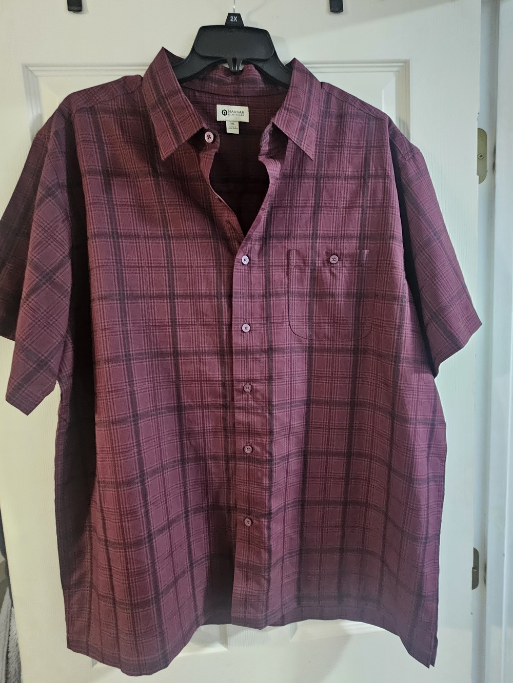 Haggar Men's Short Sleeve Plaid Button-Down Shirt - Burgundy